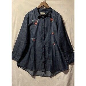 NWT A LA TZARINA Dark Blue Chambray Embroidered Red Flowers Tunic 3XL